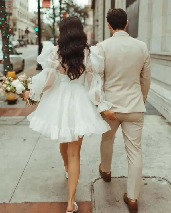 Vintage White High Neck Tulle Illusion Puff Long Sleeves A Line Short Wedding Dress AE033