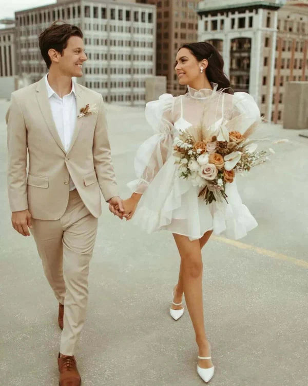 Vintage White High Neck Tulle Illusion Puff Long Sleeves A Line Short Wedding Dress AE033
