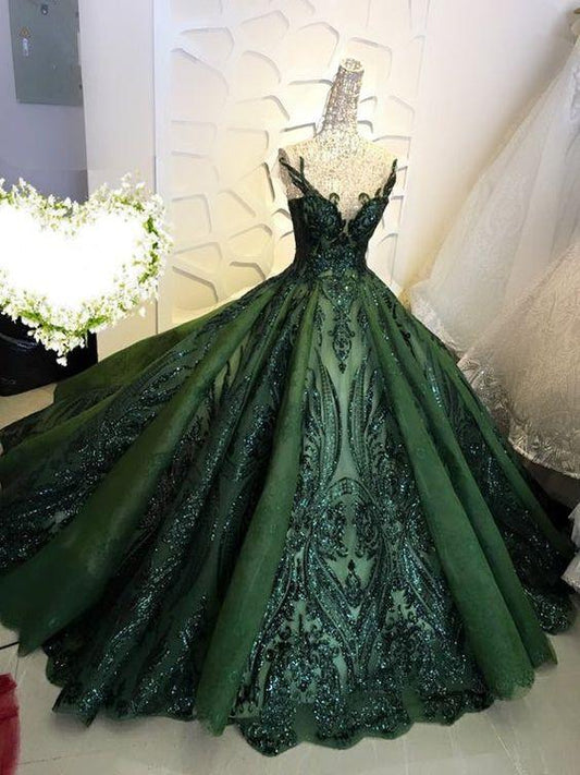 Dramatic Emerald Green Sweetheart Neck A Line Long Glitter-Embellished Lace Sequin Wedding Dress AE034