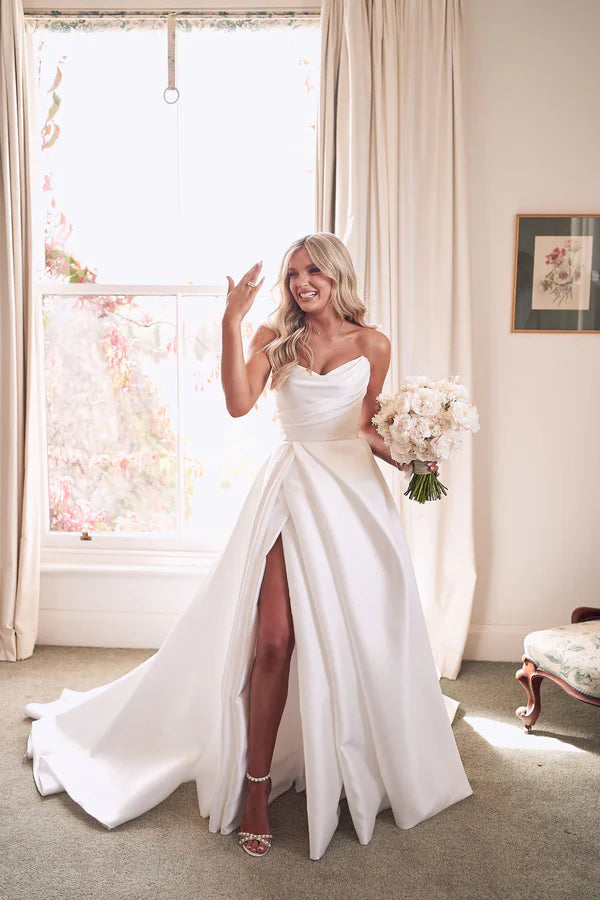 Elegant White Strapless Satin A-Line Wedding Dress With Slit & Chapel Train AE035