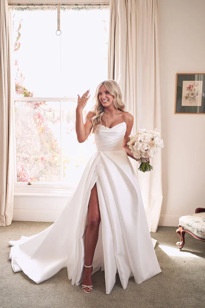 Elegant White Strapless Satin A-Line Wedding Dress With Slit & Chapel Train AE035