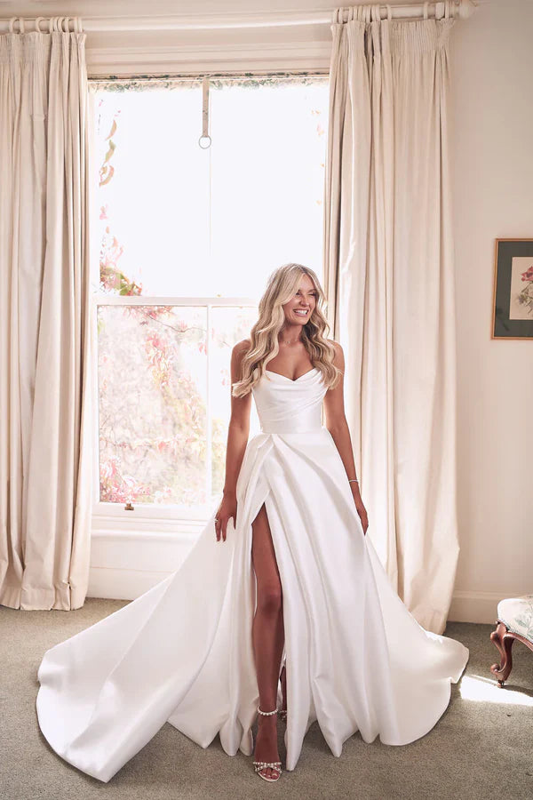 Elegant White Strapless Satin A-Line Wedding Dress With Slit & Chapel Train AE035
