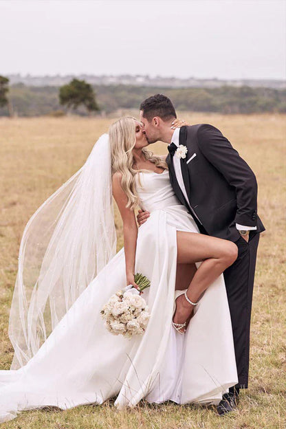 Elegant White Strapless Satin A-Line Wedding Dress With Slit & Chapel Train AE035