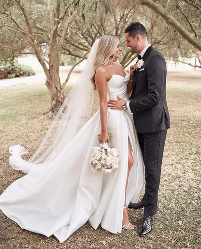 Elegant White Strapless Satin A-Line Wedding Dress With Slit & Chapel Train AE035