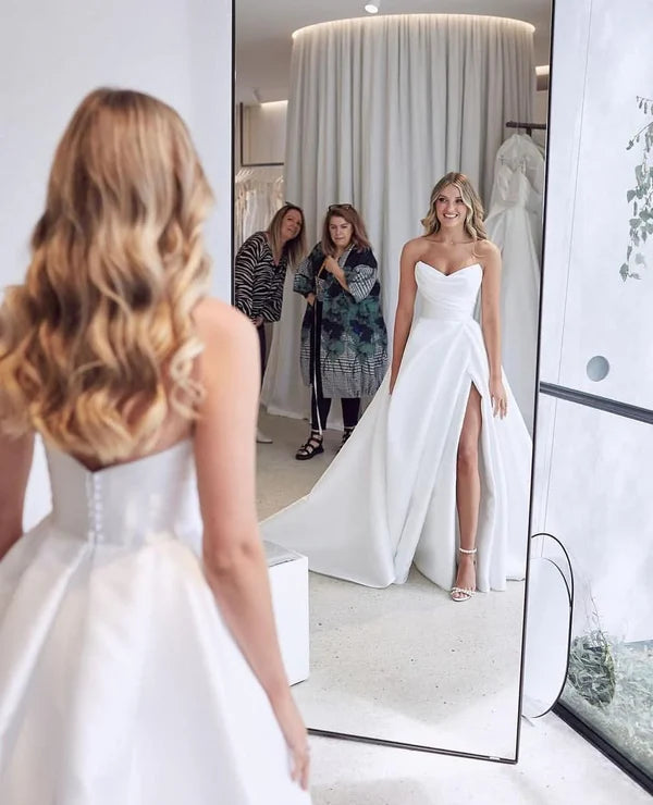 Elegant White Strapless Satin A-Line Wedding Dress With Slit & Chapel Train AE035
