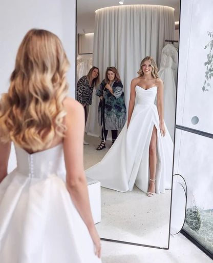 Elegant White Strapless Satin A-Line Wedding Dress With Slit & Chapel Train AE035