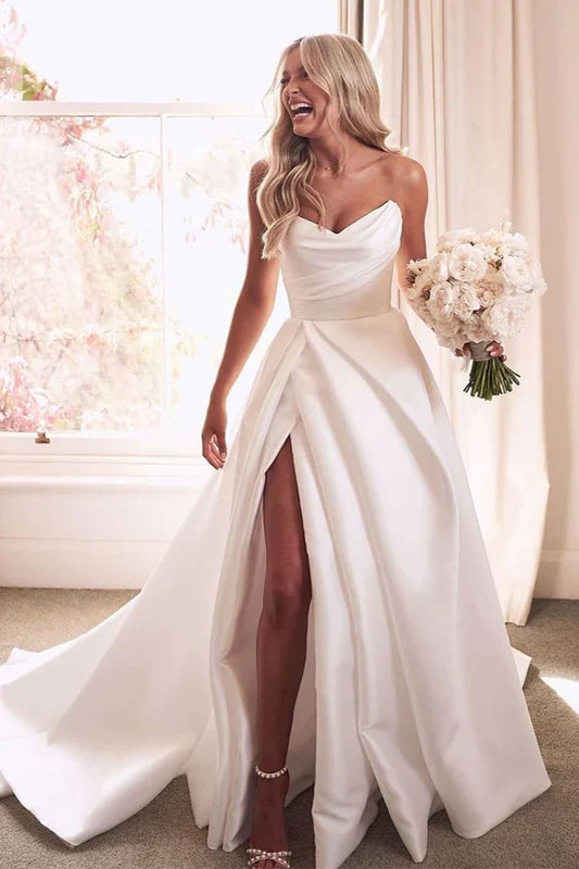 Elegant White Strapless Satin A-Line Wedding Dress With Slit & Chapel Train AE035
