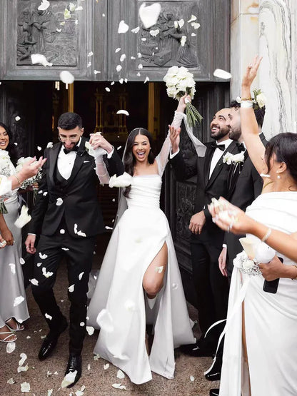 Chic White Strapless A Line Wedding Dress With High Slit,Long Sheer Sleeves & Chapel Train AE038