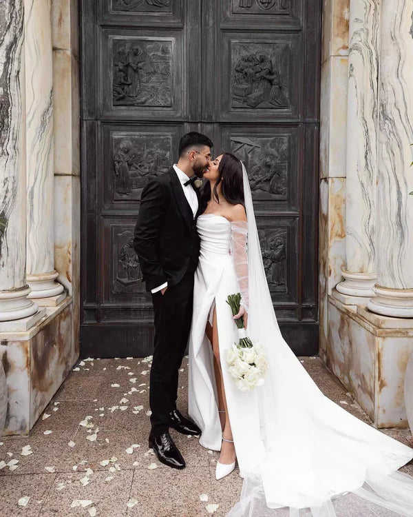 Chic White Strapless A Line Wedding Dress With High Slit,Long Sheer Sleeves & Chapel Train AE038