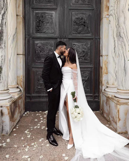 Chic White Strapless A Line Wedding Dress With High Slit,Long Sheer Sleeves & Chapel Train AE038