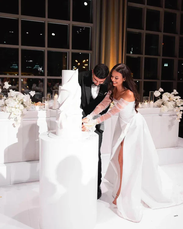 Chic White Strapless A Line Wedding Dress With High Slit,Long Sheer Sleeves & Chapel Train AE038