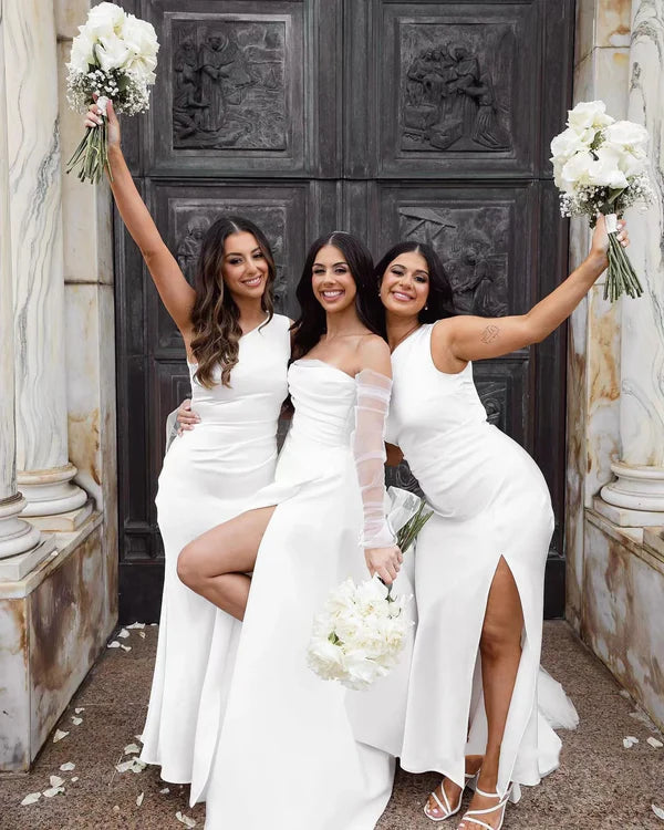 Chic White Strapless A Line Wedding Dress With High Slit,Long Sheer Sleeves & Chapel Train AE038