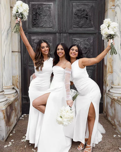 Chic White Strapless A Line Wedding Dress With High Slit,Long Sheer Sleeves & Chapel Train AE038