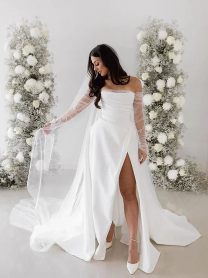Chic White Strapless A Line Wedding Dress With High Slit,Long Sheer Sleeves & Chapel Train AE038