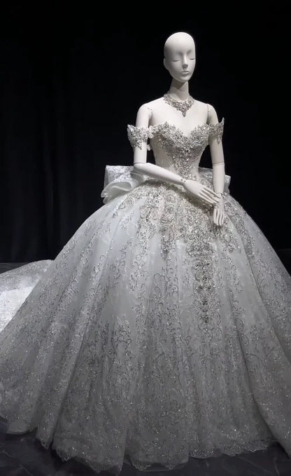 Regal White Off-The-Shoulder Lace Beaded Ball Gown Wedding Dress With Cathedral Train & Big Back Bow AE039