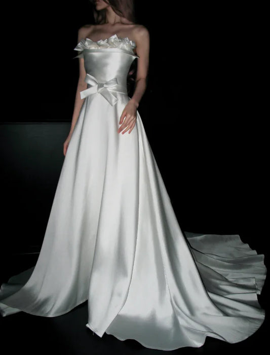 Elegant White Strapless Satin A-Line Wedding Dress With Waist Bow & Sweep Train AE040