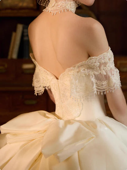Vintage Ivory Off-The-Shoulder Lace Neck A Line Wedding Dress With Chapel Train & Back Bow AE041