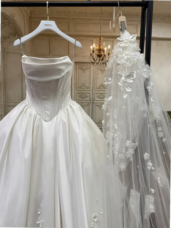 Luxury Ivory Strapless Satin Ball Gown Wedding Dress With Handmade 3D Flower & Cathedral Train AE042