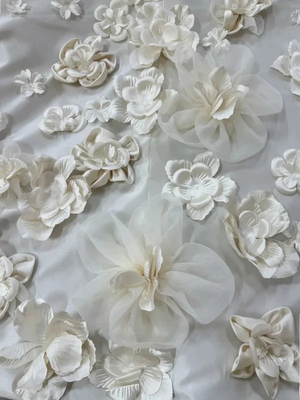 Luxury Ivory Strapless Satin Ball Gown Wedding Dress With Handmade 3D Flower & Cathedral Train AE042