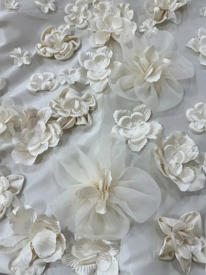 Luxury Ivory Strapless Satin Ball Gown Wedding Dress With Handmade 3D Flower & Cathedral Train AE042