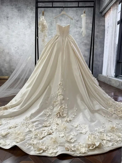 Luxury Ivory Strapless Satin Ball Gown Wedding Dress With Handmade 3D Flower & Cathedral Train AE042
