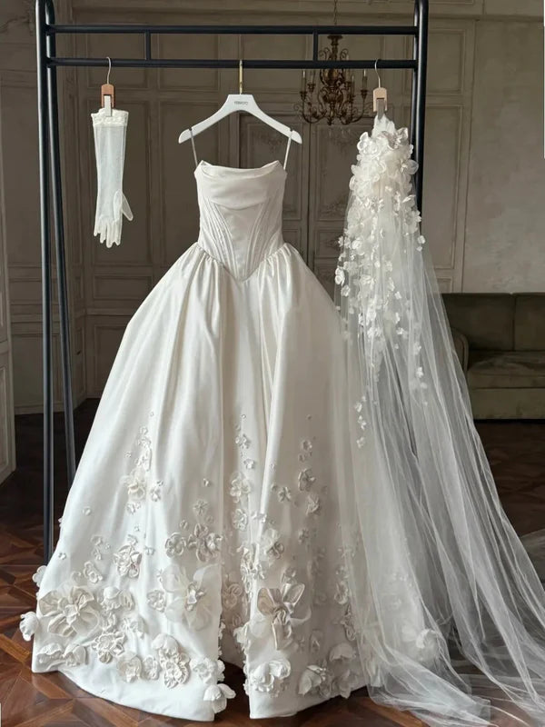 Luxury Ivory Strapless Satin Ball Gown Wedding Dress With Handmade 3D Flower & Cathedral Train AE042