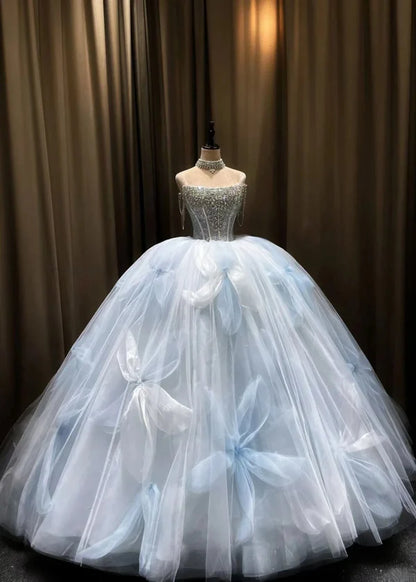 Dreamy Sky Blue Strapless Tulle A-line Long Wedding Dress With Beaded Bodice AE043