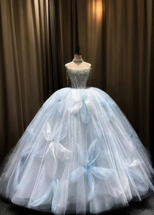 Dreamy Sky Blue Strapless Tulle A-line Long Wedding Dress With Beaded Bodice AE043