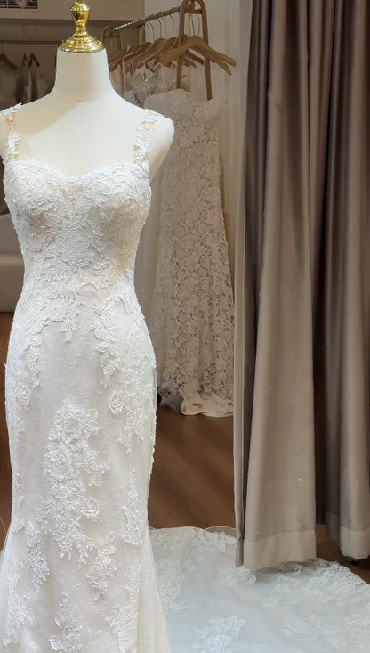 Elegant Ivory Sweetheart Neck Spaghetti Straps Lace Mermaid Wedding Dress With Chapel Train AE045