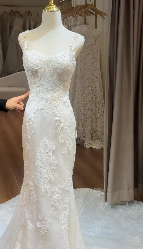 Elegant Ivory Sweetheart Neck Spaghetti Straps Lace Mermaid Wedding Dress With Chapel Train AE045