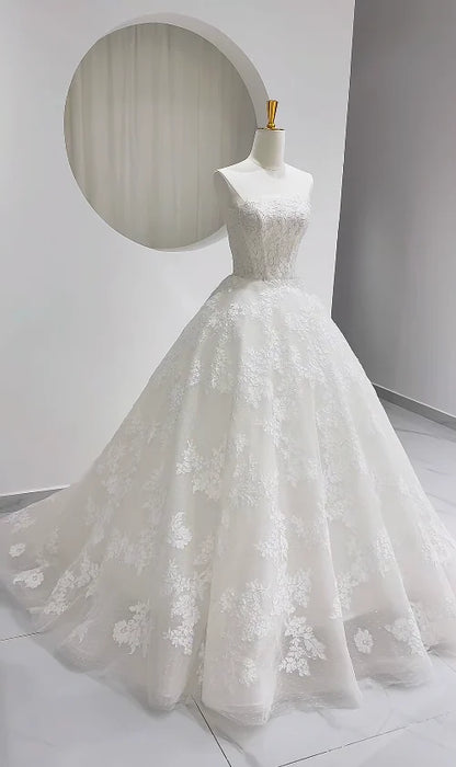 Classic Ivory Strapless Lace Floral Applique A Line Wedding Dress With Chapel Train AE046