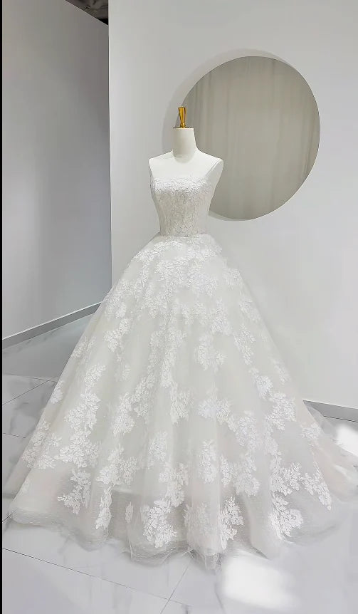 Classic Ivory Strapless Lace Floral Applique A Line Wedding Dress With Chapel Train AE046