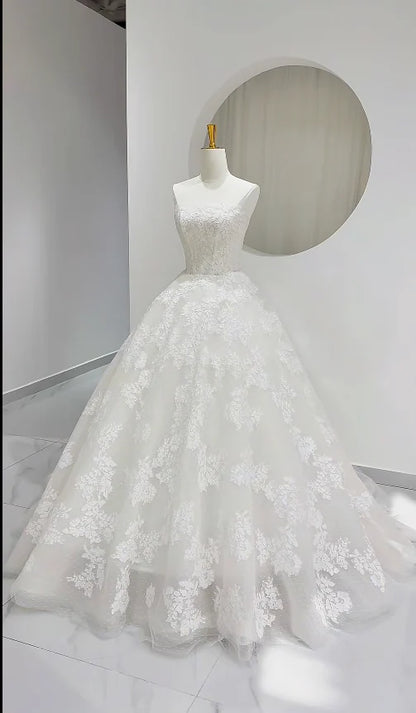 Classic Ivory Strapless Lace Floral Applique A Line Wedding Dress With Chapel Train AE046