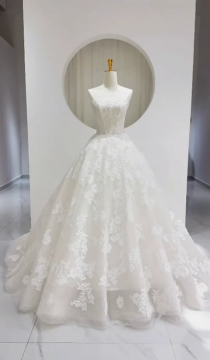 Classic Ivory Strapless Lace Floral Applique A Line Wedding Dress With Chapel Train AE046