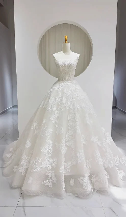 Classic Ivory Strapless Lace Floral Applique A Line Wedding Dress With Chapel Train AE046