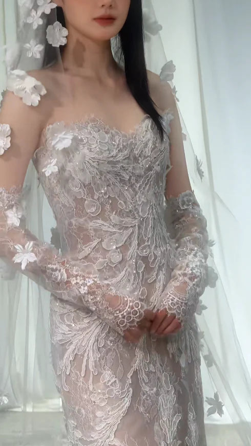 Romantic White Strapless Lace Applique Sheer Mermaid Wedding Dress With Chapel Train & Detachable Gloves AE047
