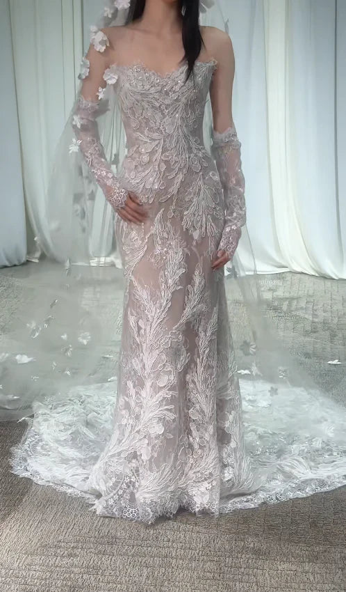 Romantic White Strapless Lace Applique Sheer Mermaid Wedding Dress With Chapel Train & Detachable Gloves AE047