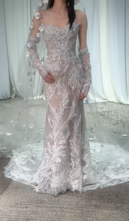 Romantic White Strapless Lace Applique Sheer Mermaid Wedding Dress With Chapel Train & Detachable Gloves AE047