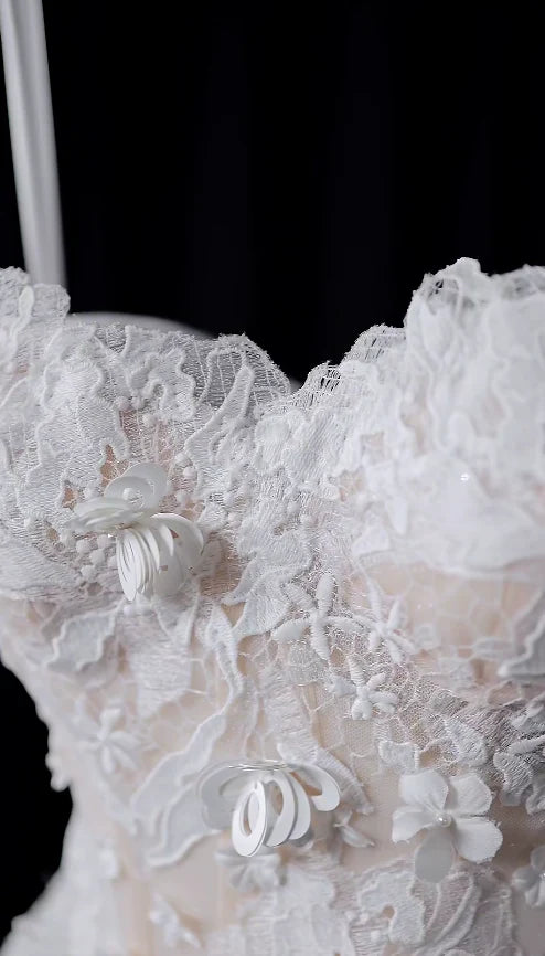 Romantic White Spaghetti Straps A-Line Long Wedding Dress With 3D Floral Lace AE048