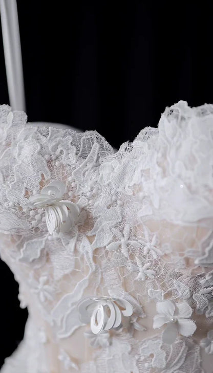 Romantic White Spaghetti Straps A-Line Long Wedding Dress With 3D Floral Lace AE048