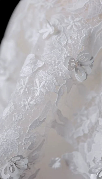 Romantic White Spaghetti Straps A-Line Long Wedding Dress With 3D Floral Lace AE048
