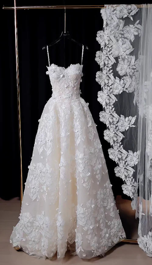Romantic White Spaghetti Straps A-Line Long Wedding Dress With 3D Floral Lace AE048