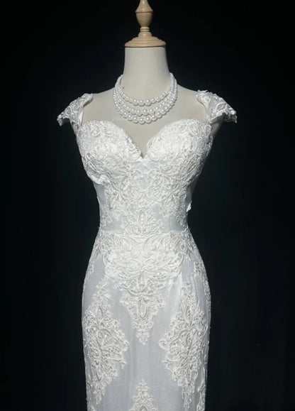 Classic White Cap Sleeve Sweetheart Neck Lace Mermaid Wedding Dress With Chapel Train AE049