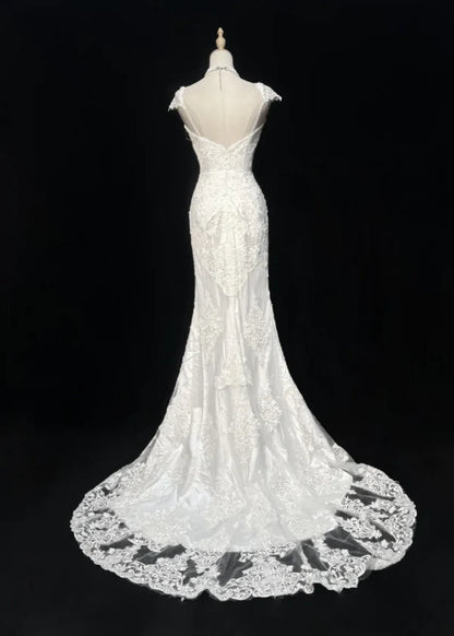 Classic White Cap Sleeve Sweetheart Neck Lace Mermaid Wedding Dress With Chapel Train AE049