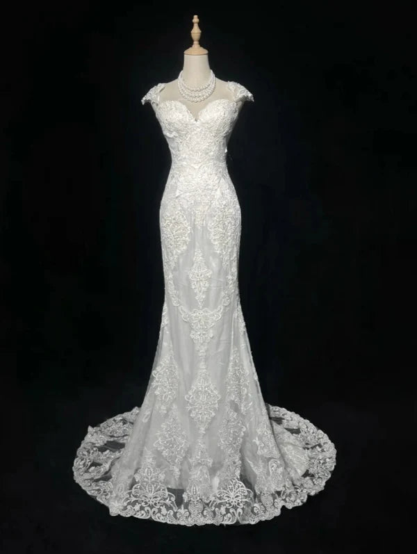 Classic White Cap Sleeve Sweetheart Neck Lace Mermaid Wedding Dress With Chapel Train AE049