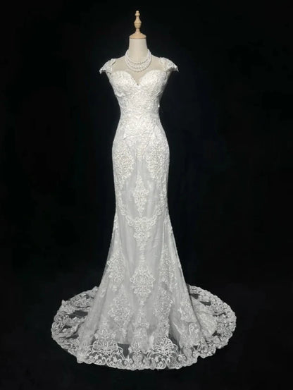 Classic White Cap Sleeve Sweetheart Neck Lace Mermaid Wedding Dress With Chapel Train AE049