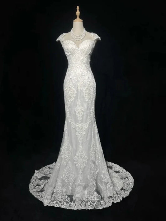 Classic White Cap Sleeve Sweetheart Neck Lace Mermaid Wedding Dress With Chapel Train AE049