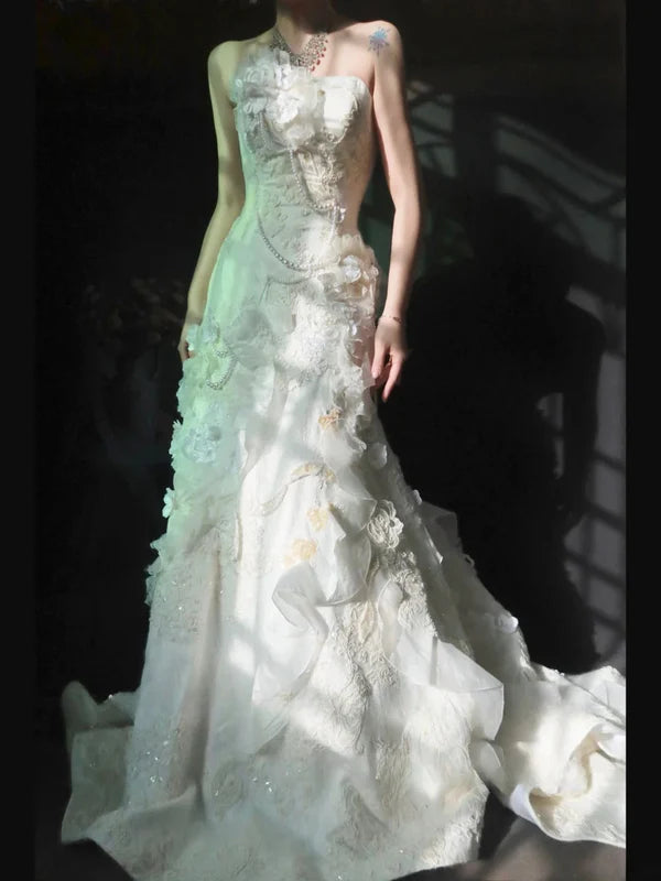 Vintage Ivory Strapless Ruffled Mermaid Wedding Dress With 3D Florals,Pearl Chain & Cathedral Train AE050