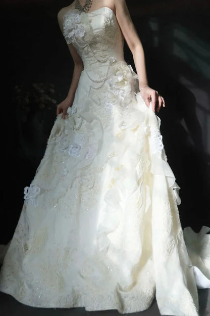 Vintage Ivory Strapless Ruffled Mermaid Wedding Dress With 3D Florals,Pearl Chain & Cathedral Train AE050
