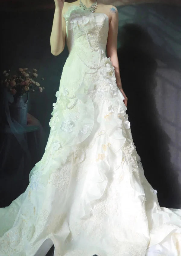 Vintage Ivory Strapless Ruffled Mermaid Wedding Dress With 3D Florals,Pearl Chain & Cathedral Train AE050